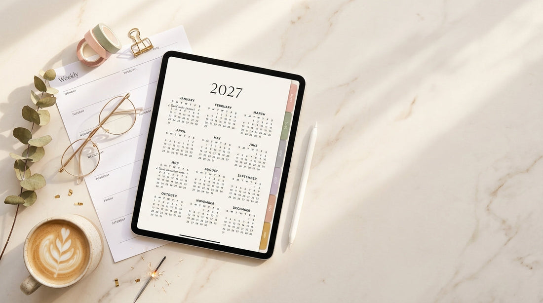 2027 digital planner PLR on an iPad with hyperlinked tabs, printable weekly planner and New Year decor on a cream desk