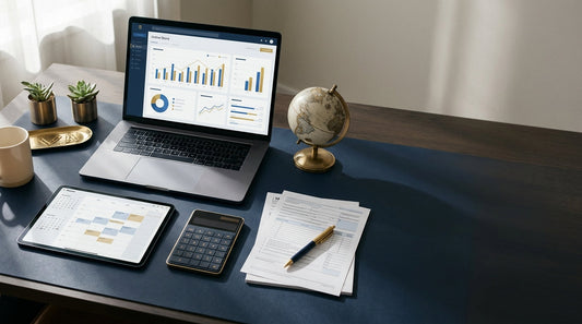 Desk with laptop, calculator, tax forms and globe illustrating the tax implications of selling digital products online