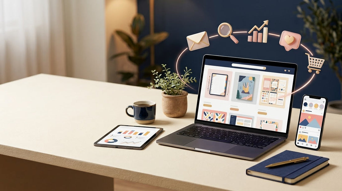 Laptop showing an online store for digital products surrounded by email, search, social media and analytics icons, representing online marketing for digital product sellers