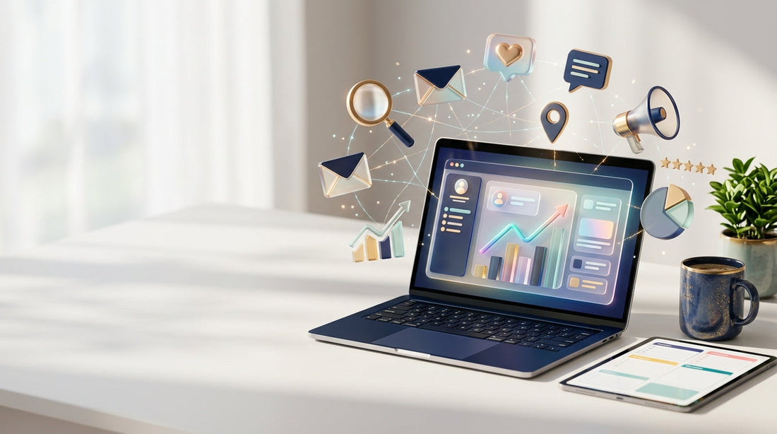 Modern workspace with a laptop showing a sales dashboard and glowing internet marketing icons for SEO, email and social media, for digital product sellers