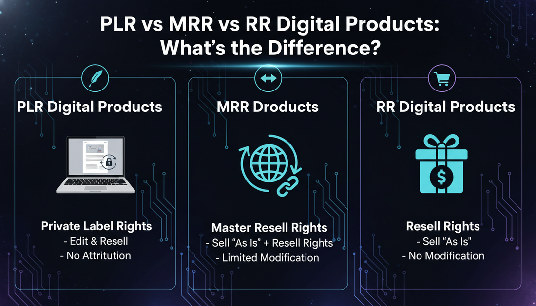 Comparison chart showing PLR, MRR, and RR digital product features for entrepreneurs