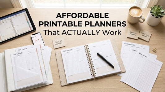 Affordable printable planner setup on desk with binder, daily schedule sheets, and productivity workspace