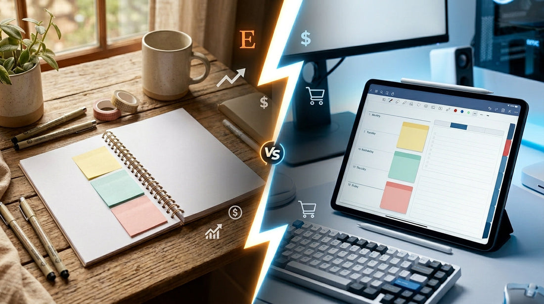 Side-by-side comparison of printable paper planner and digital planner on iPad showing productivity tools and planning systems
