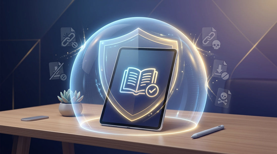 Digital shield protecting an ebook and template file from piracy on a laptop screen
