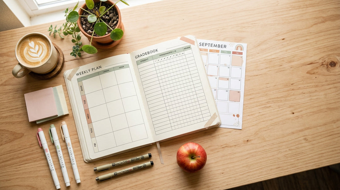 Flat-lay of a printable teacher planner with lesson plan pages, gradebook, and calendar on a desk with coffee and stationery
