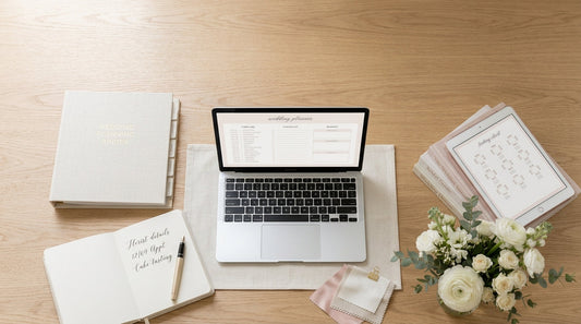 Wedding planner's desk flat-lay with laptop, digital planning templates, and blush florals representing digital downloads for wedding planners