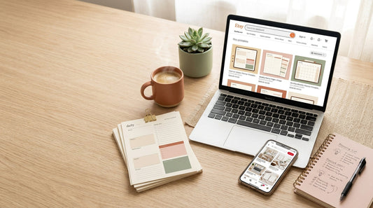 Flat-lay workspace with laptop showing Etsy shop dashboard, printable planner mockups, and coffee cup for digital downloads guide