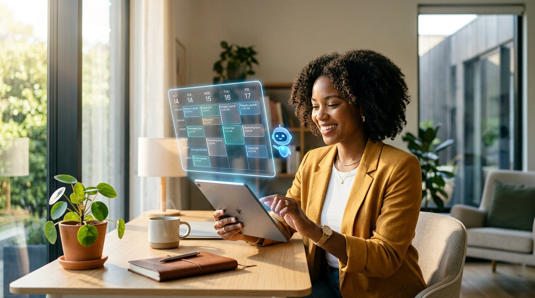 Smiling professional using an AI-powered planner with a glowing digital calendar on a tablet