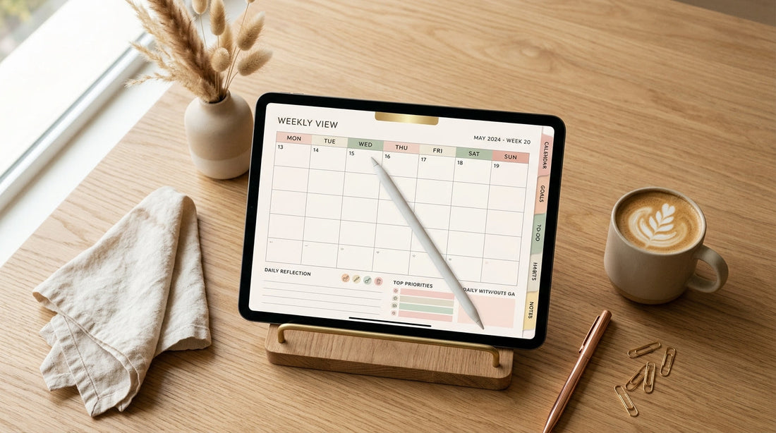 iPad displaying a digital planner interface with Apple Pencil on a styled desk flat-lay