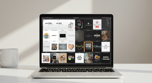 Flat lay of digital product icons like templates, courses, printables, and AI tools with "Best Digital Products to Sell in 2025" text overlay