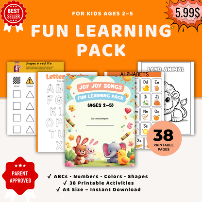Joy Joy Songs Fun Learning Pack – 38 Printable Activities for Kids Ages 2–5 | ABC, Numbers, Coloring & Early Learning Worksheets