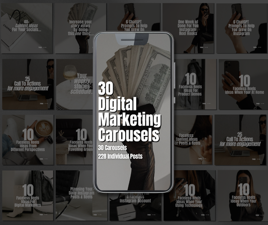 30 Digital Marketing Carousels — 228 DFY Faceless Social Media Posts to Educate, Engage & Grow Faster