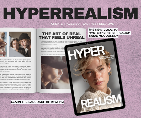 Hyperrealism AI Guide – Master Hyper-Realistic Images in MidJourney | 31-Page Prompt & Cinematic Guide + Resell Rights