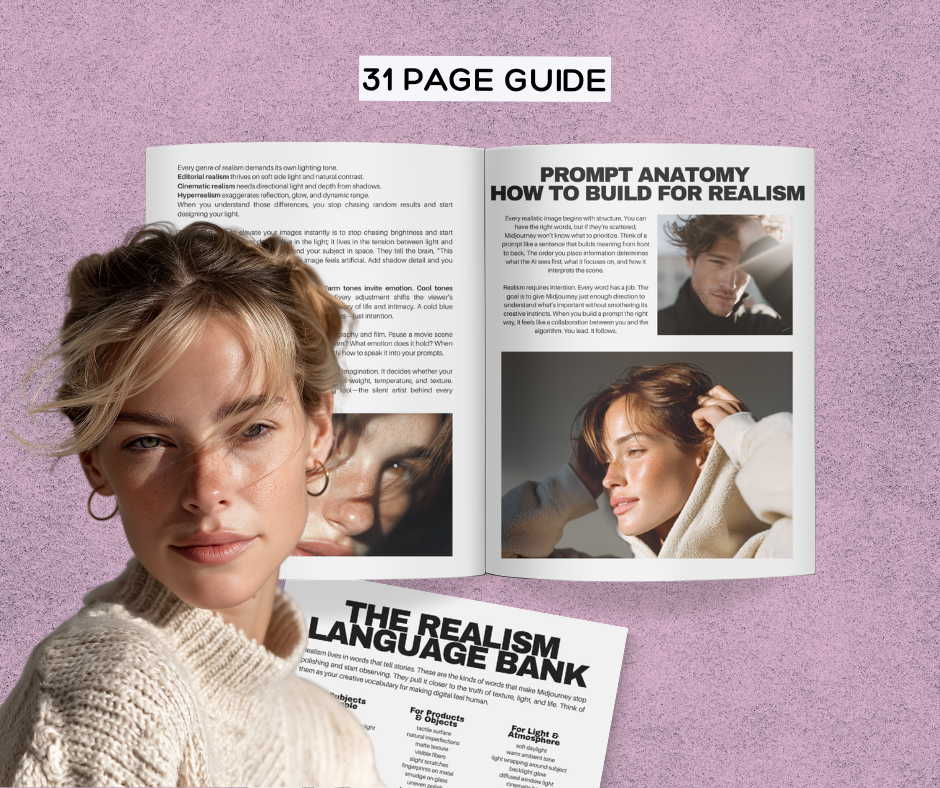 Hyperrealism AI Guide – Master Hyper-Realistic Images in MidJourney | 31-Page Prompt & Cinematic Guide + Resell Rights