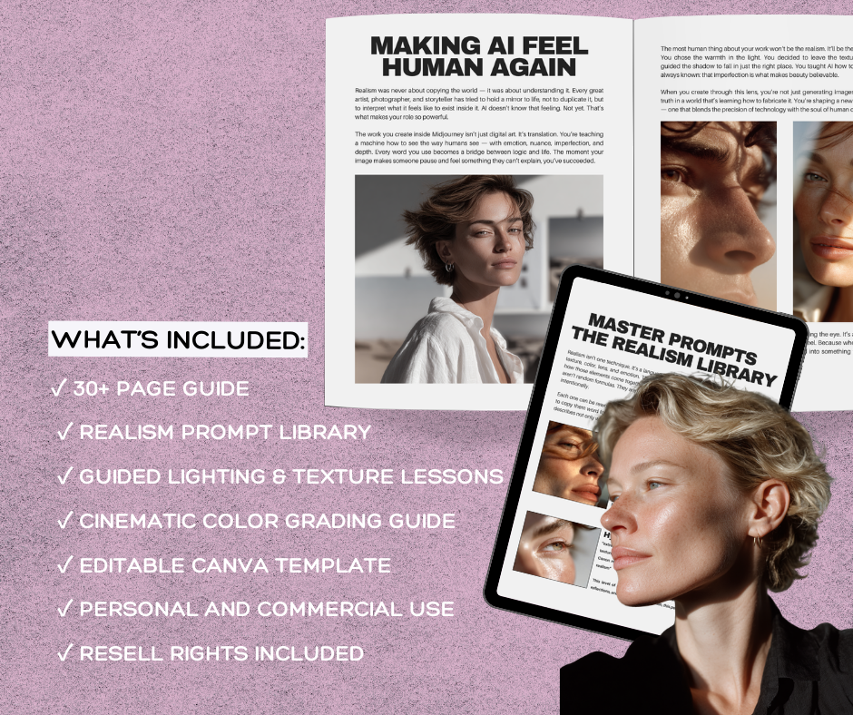 Hyperrealism AI Guide – Master Hyper-Realistic Images in MidJourney | 31-Page Prompt & Cinematic Guide + Resell Rights