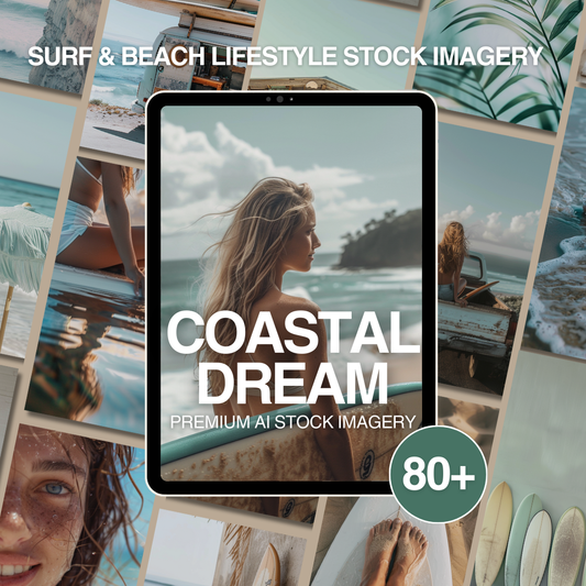 Coastal Dream Imagery – 80 Premium Surf & Beach Lifestyle AI Stock Images (PLR/MRR Included)